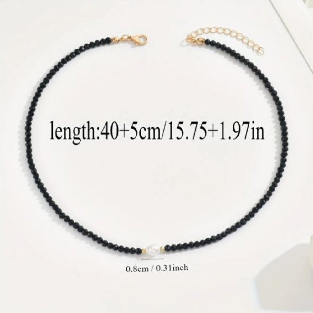 NEW Black Crystal and Freshwater Pearl Clavicle Necklace Choker - Picture 4 of 4